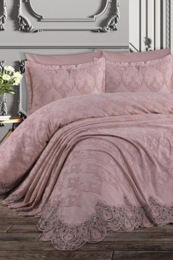 Nilufer Bedding Set, Bedspread 230x240, Sheet 230x240, Chenille Fabric, Full Size, Full Bed, Pink - Thumbnail