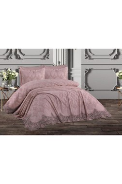 Nilufer Bedding Set, Bedspread 230x240, Sheet 230x240, Chenille Fabric, Full Size, Full Bed, Pink - Thumbnail