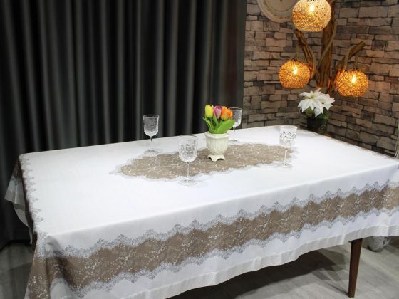 Nilüfer Rectangle Printed Table Cloth Cream Beige