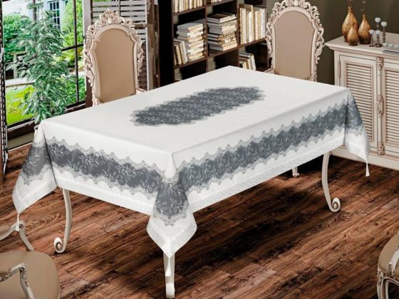 Nilüfer Rectangle Printed Tablecloth Cream Gray