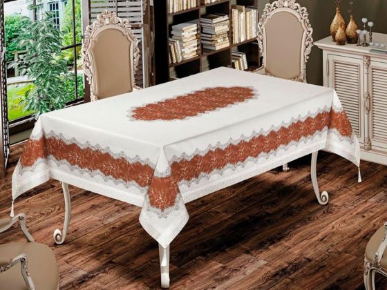 Nilüfer Rectangle Printed Table Cloth Cream Brown