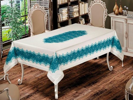 Nilüfer Rectangle Printed Table Cloth - Cream Turquoise