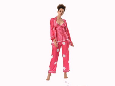 Dot Patterned Satin 3-Piece Pajamas Set 8520 Pomegranate Blossom - Thumbnail