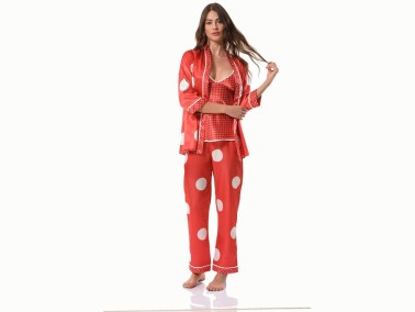 Dot Patterned Satin 3-Piece Pajamas Set 8526 Red - Thumbnail