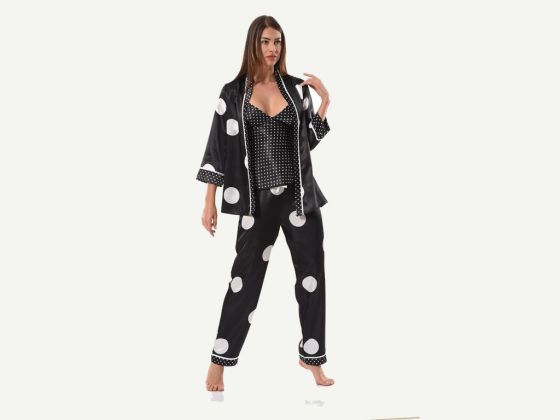 Dot Patterned Satin 3-Piece Pajamas Set 8529 Black
