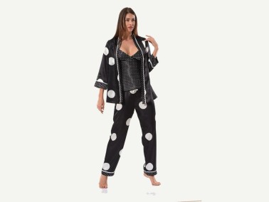Dot Patterned Satin 3-Piece Pajamas Set 8529 Black - Thumbnail