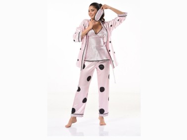 Dot Patterned Satin 3-Piece Pajamas Set 8571 Powder - Thumbnail