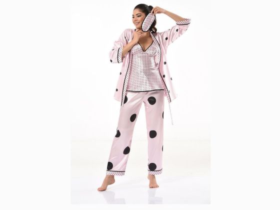 Dot Patterned Satin 3-Piece Pajamas Set 8571 Powder