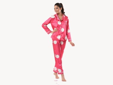 Dot Patterned Satin Pajamas Set 5620 Pomegranate Blossom - Thumbnail