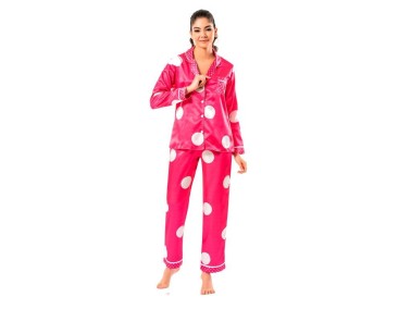 Dot Patterned Satin Pajamas Set 5620 Pomegranate Blossom - Thumbnail