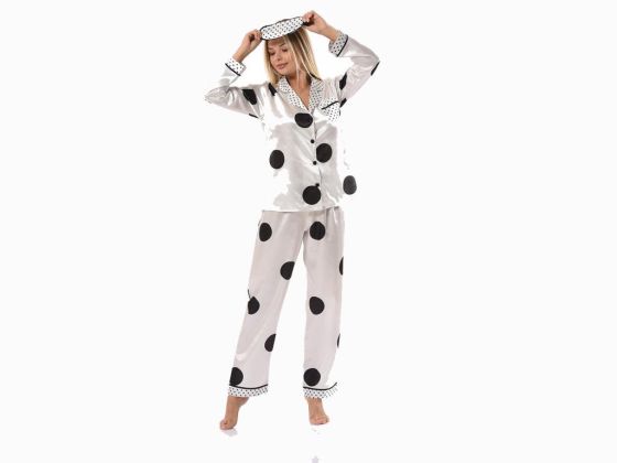 Dot Patterned Satin Pajamas Set 5623 White