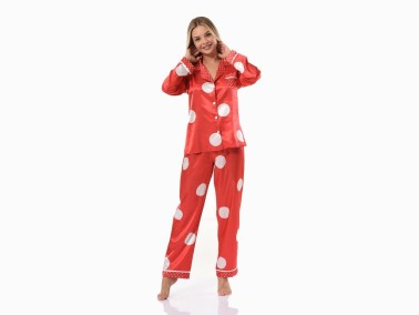 Dot Patterned Satin Pajamas Set 5626 Red - Thumbnail