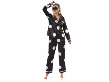 Dot Patterned Satin Pajamas Set 5629 Black - Thumbnail