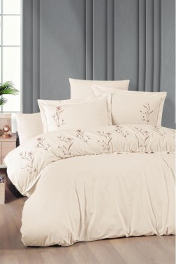 Olinda Embroidered 100% Cotton Duvet Cover Set, Duvet Cover 200x220, Sheet 240x260, Double Size, Full Size Champange - Thumbnail