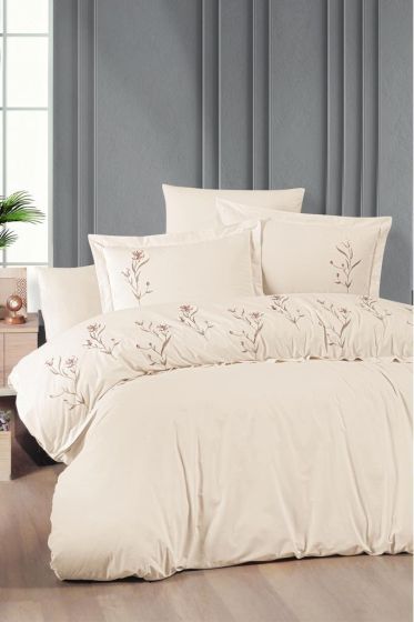 Olinda Embroidered 100% Cotton Duvet Cover Set, Duvet Cover 200x220, Sheet 240x260, Double Size, Full Size Champange