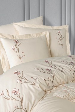 Olinda Embroidered 100% Cotton Duvet Cover Set, Duvet Cover 200x220, Sheet 240x260, Double Size, Full Size Champange - Thumbnail