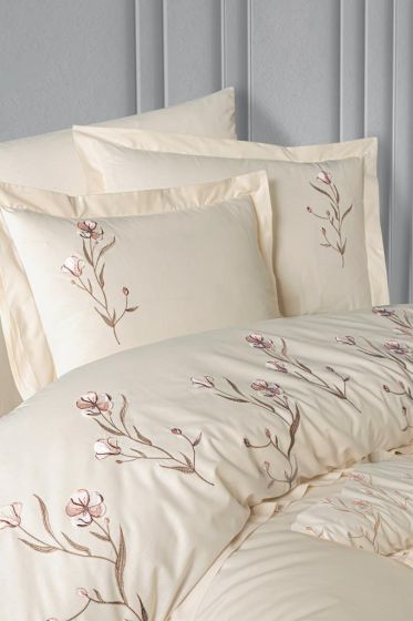 Olinda Embroidered 100% Cotton Duvet Cover Set, Duvet Cover 200x220, Sheet 240x260, Double Size, Full Size Champange