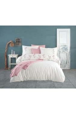 Olinda Embroidered 100% Cotton Duvet Cover Set, Duvet Cover 200x220, Sheet 240x260, Double Size, Full Size Ecru - Thumbnail