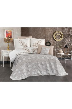 Olivia Chenille Wedding Set, Bedspread 245x255, Duvet Cover 200x220, Bed Sheet 240x260, Cotton, Beige - Thumbnail