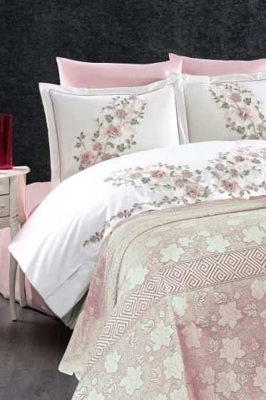 Olivia Chenille Wedding Set, Bedspread 245x255, Duvet Cover 200x220, Bed Sheet 240x260, Cotton, Cream - Pink