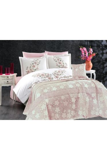 Olivia Chenille Wedding Set, Bedspread 245x255, Duvet Cover 200x220, Bed Sheet 240x260, Cotton, Cream - Pink
