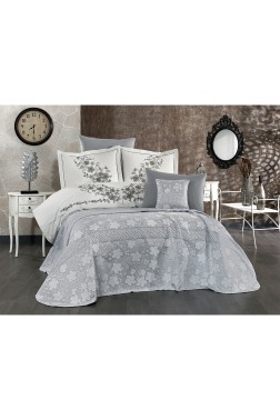 Olivia Chenille Wedding Set, Bedspread 245x255, Duvet Cover 200x220, Bed Sheet 240x260, Cotton, Gray - Thumbnail