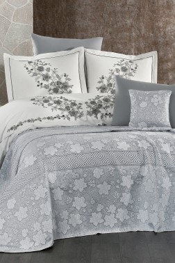 Olivia Chenille Wedding Set, Bedspread 245x255, Duvet Cover 200x220, Bed Sheet 240x260, Cotton, Gray - Thumbnail