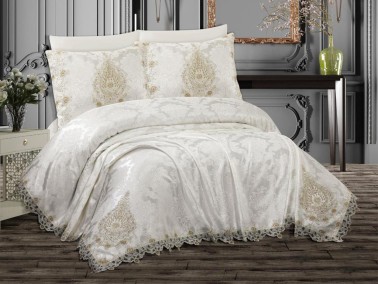 Omrum Bedding Set, Bedspread 250x260, Sheet 220x240, Chenille Fabric, Cream - Cappucino - Thumbnail