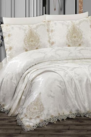 Omrum Bedding Set, Bedspread 250x260, Sheet 220x240, Chenille Fabric, Cream - Cappucino