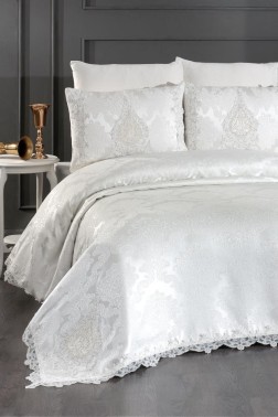 Omrum Bedding Set, Bedspread 250x260, Sheet 220x240, Chenille Fabric, Cream - Silver - Thumbnail
