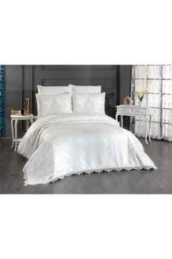 Omrum Bedding Set, Bedspread 250x260, Sheet 220x240, Chenille Fabric, Cream - Silver - Thumbnail