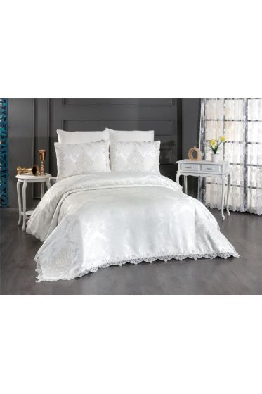 Omrum Bedding Set, Bedspread 250x260, Sheet 220x240, Chenille Fabric, Cream - Silver