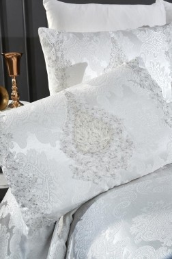 Omrum Bedding Set, Bedspread 250x260, Sheet 220x240, Chenille Fabric, Cream - Silver - Thumbnail