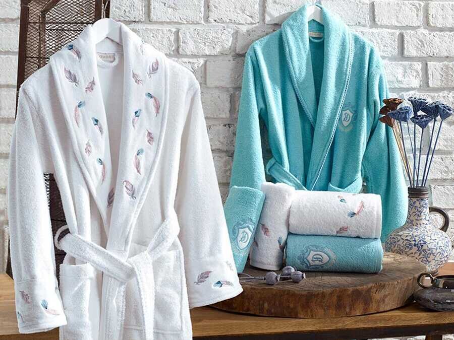  Oriel Luxury Embroidered Cotton Bathrobe Set White Blue - Thumbnail