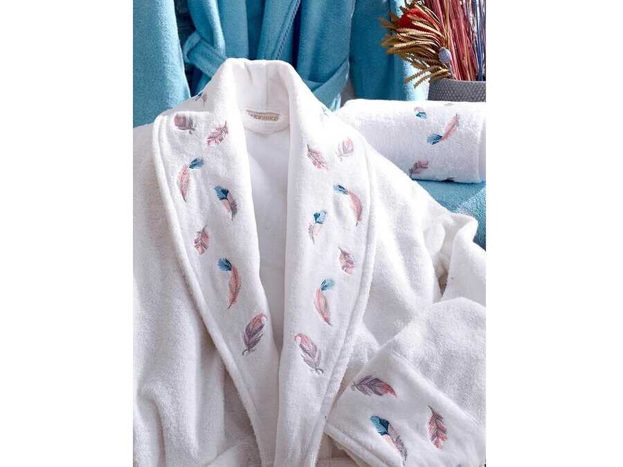  Oriel Luxury Embroidered Cotton Bathrobe Set White Blue - Thumbnail