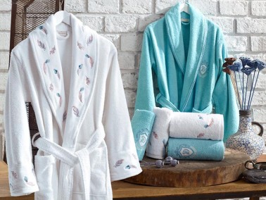 Oriel Embroidered Cotton Bathrobe Set White Blue - Thumbnail