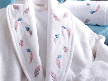 Oriel Embroidered Cotton Bathrobe Set White Blue - Thumbnail