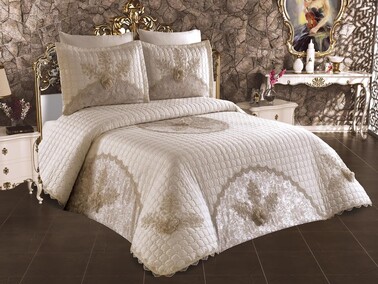 Orkide Double Bedspread Set Cream - Thumbnail