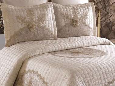 Orkide Double Bedspread Set Cream - Thumbnail