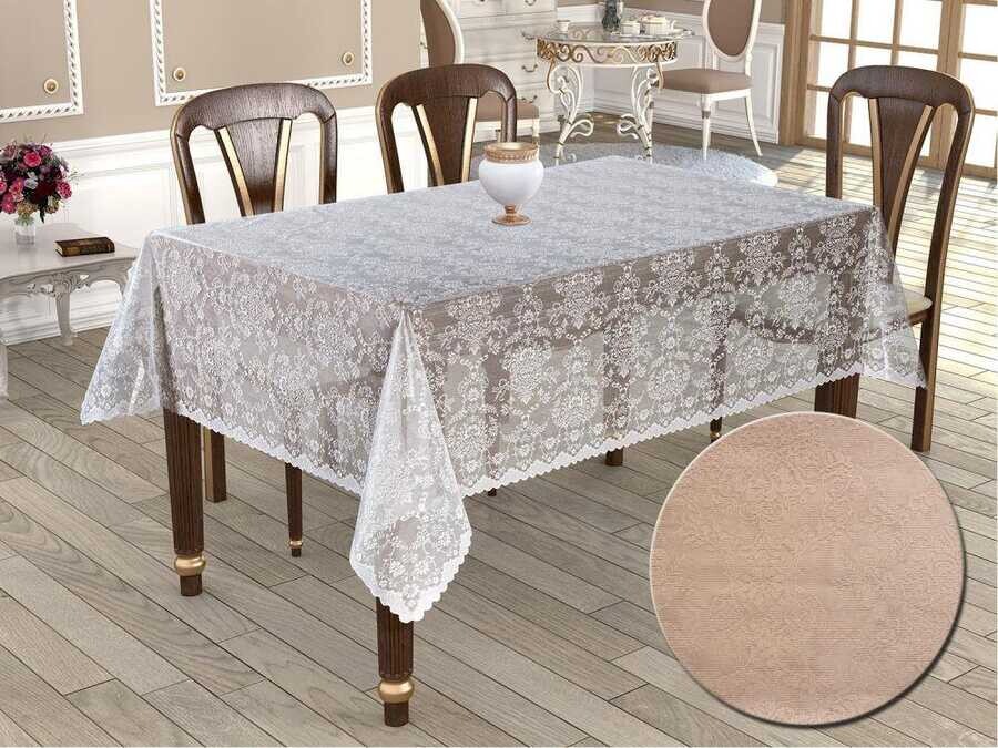 Dowry World - Knitted Panel Pattern Rectangular Tablecloth Bahar Cappucino Dowry World - Knitted Panel Pattern Rectangular Tablecloth Bahar Cappucino