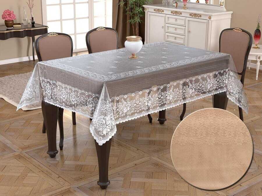 Dowry World - Knitted Panel Pattern Rectangular Tablecloth Narin Cappucino Dowry World - Knitted Panel Pattern Rectangular Tablecloth Narin Cappucino
