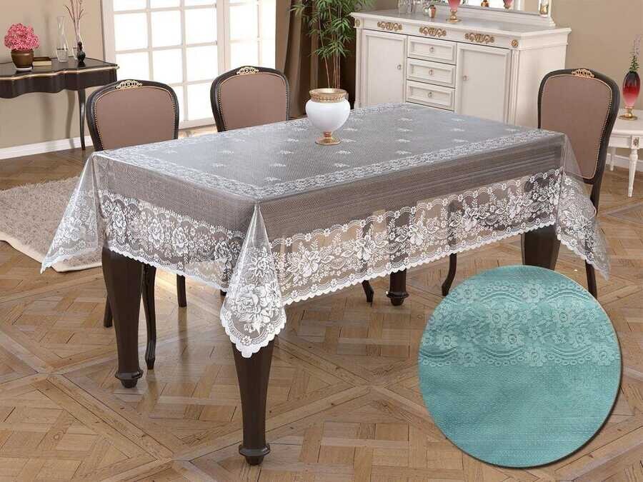 Dowry World - Knitted Panel Pattern Rectangular Tablecloth Narin Turquoise Dowry World - Knitted Panel Pattern Rectangular Tablecloth Narin Turquoise