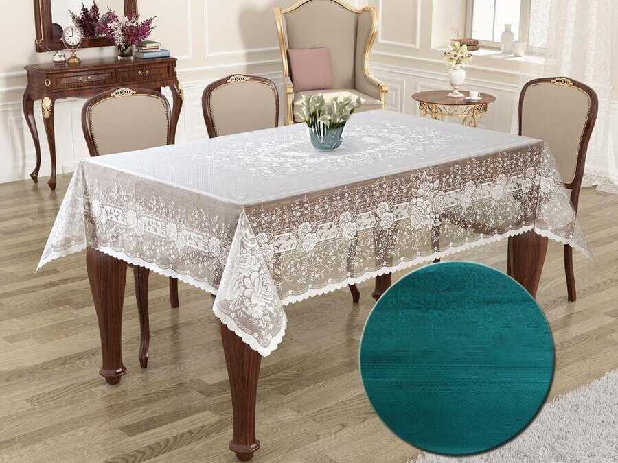 Dowry World - Knitted Board Patterned Rectangular Tablecloth Sultan Dark Cyan Dowry World - Knitted Board Patterned Rectangular Tablecloth Sultan Dark Cyan