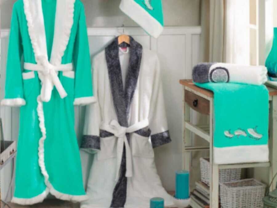 Hobby - Ottoman Bamboo Bathrobe Set Light Green Cream Hobby - Ottoman Bamboo Bathrobe Set Light Green Cream