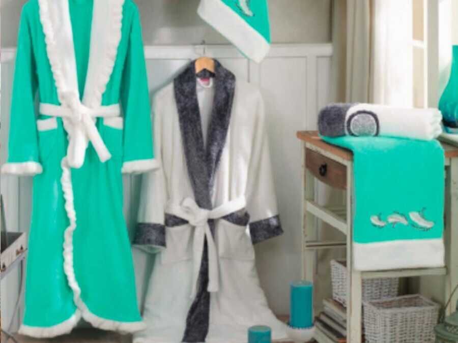 Ottoman Bamboo Bathrobe Set Light Green Cream