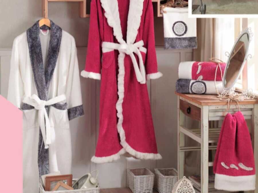 Ottoman Bamboo Bathrobe Set Cherry Red Cream