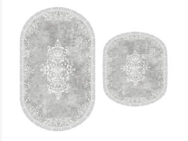 Oval Fringed 2-Piece Bath Mat Set Alberta Gray - Thumbnail