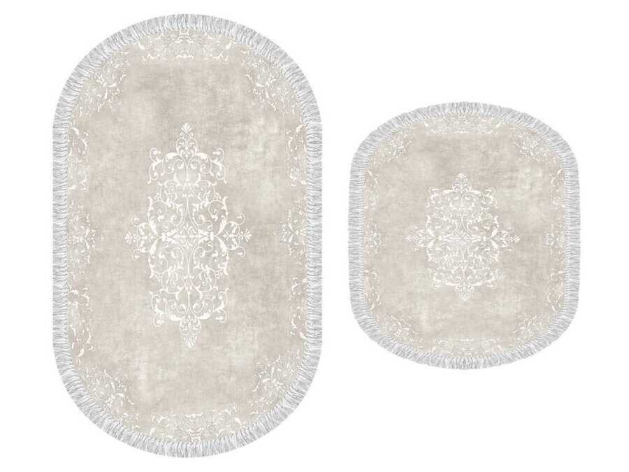 Oval Fringed 2-Piece Bath Mat Set Alberta Cream - Thumbnail