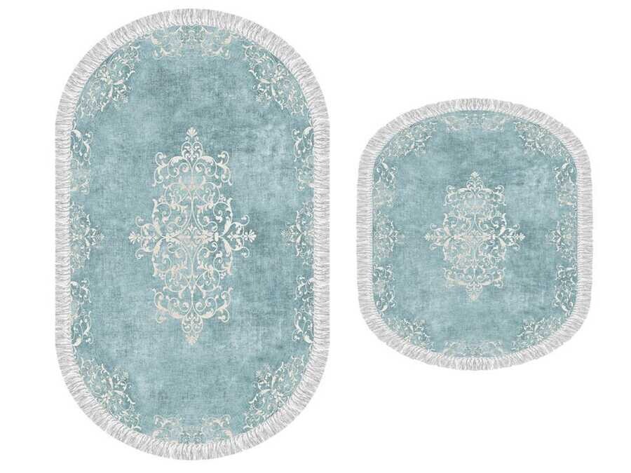 Oval Fringed 2-Piece Bath Mat Set Alberta Turquoise - Thumbnail