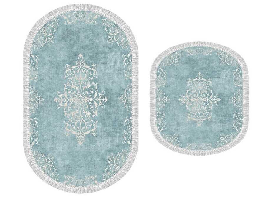 Oval Fringed 2-Piece Bath Mat Set Alberta Turquoise